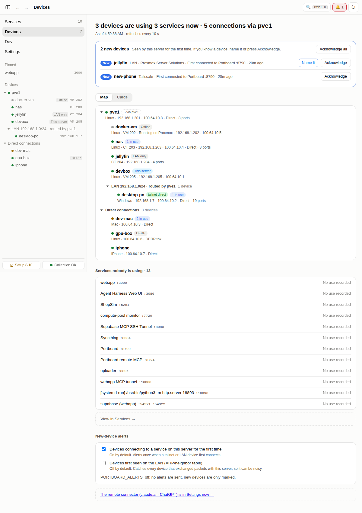The Devices tab: the network map of a Proxmox host, its guests and the tailnet devices